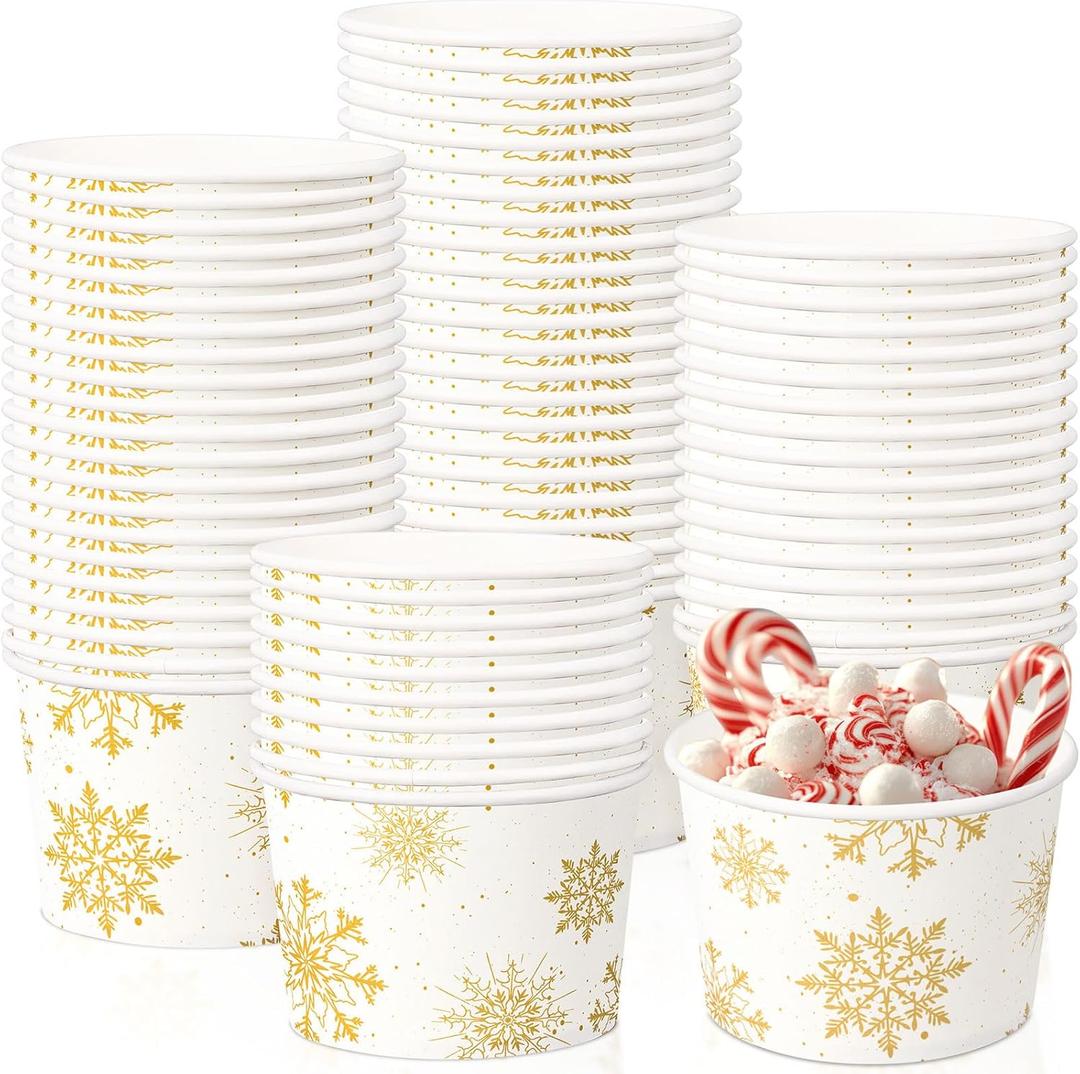 Potchen 50 Pack 9 oz Christmas Soup Bowls Disposable Paper Cups Winter Themed Disposable Dessert Bowls Gold Snowflake Paper Snack Cups for Hot and Cold Food Christmas Party Supplies