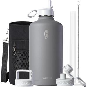 Coolflask 128 oz Gallon Water Bottle Insulated with Straw & 3 Leakproof Lid