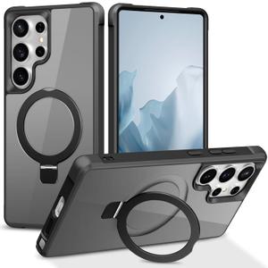 Magnetic Compatible with Samsung Galaxy S25 Ultra Case with Stand [Military Grade Drop][Compatible with Magnet] Ring Holder Translucent Slim Hard Back Soft Edge, Black