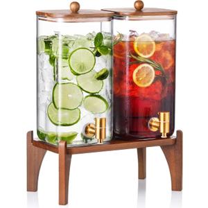 2 Pack 1.5 Gallon Square Glass Drink Dispenser with Wooden Stand & Lid, Large Beverage Dispenser with Stainless Steel Spigot, Juice & Lemonade Dispenser for Parties, Iced Tea, Water, Space-Saving