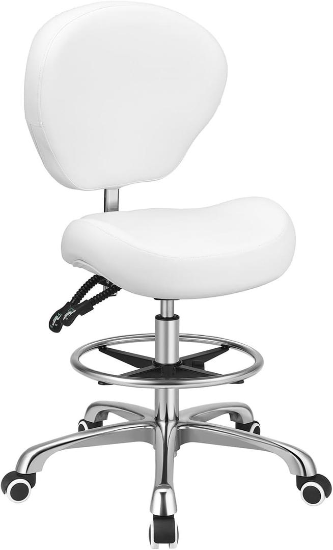 Kaleurrier Adjustable Height Drafting Stool Drafting Chair with Backrest & Foot Rest,Swivel Rolling Stools for Work Studio Dental Office Salon Kitchen Counter Tall Home Desk Chairs (White), 25.2D x 25.2W x 41H in