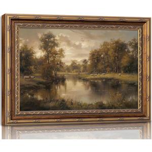 Vintage Gold Framed Landscape Wall Art Vintage River Painting Canvas Prints Landscape Wall Decor Countryside Sheep Painting Style Poster Print Artwork for Living Room Bedroom Home Decoration, 24"L x 16"W
