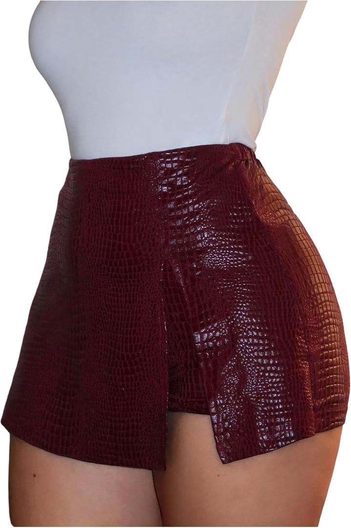 Floerns Women's Y2k Leather Skorts High Waisted Asymmetrical Hem Club Mini Skirt Shorts (Large, Burgundy)