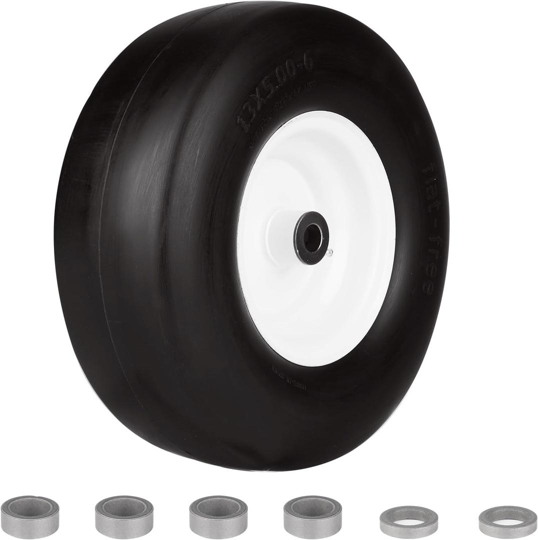 13x5.00-6" Flat Free Tire and Wheel TCA13769, Solid Smooth Zero Turn Mower Front Tire Assembly, with 3/4" Bearing | 3.25"-5.9" Centered Hub | Bore ID 3/4"