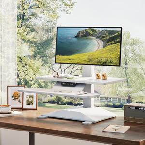 Electric Standing Desk Converter 28" Wide, Height Adjustable Desk Riser, Computer Workstation, Sit-Stand Convertor for Home, Office, School (White, 1 Arm Included)