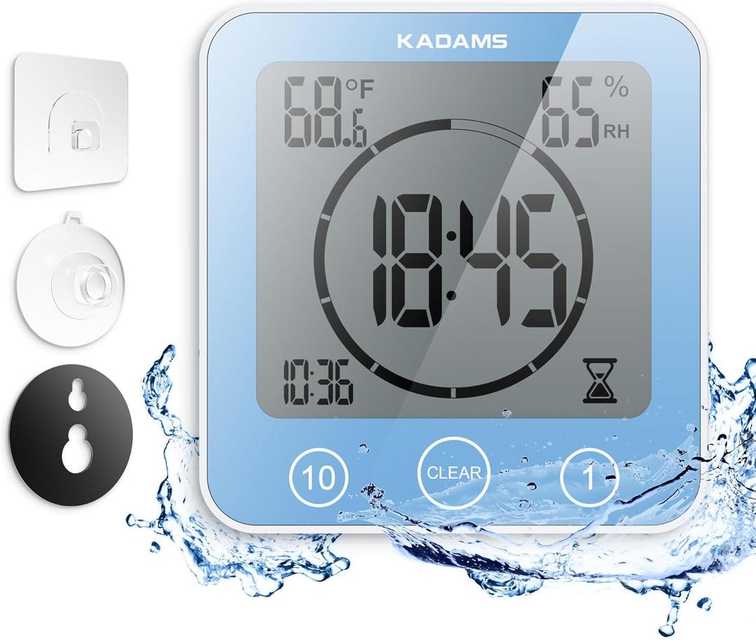 KADAMS Shower Clock Waterproof Bathroom Timer  Digital Wall Clock with Countdown, Magnetic Kitchen Clock with Temperature & Humidity, Suction Cup for Kids Shower Spa Sauna Cook Bath, Blue