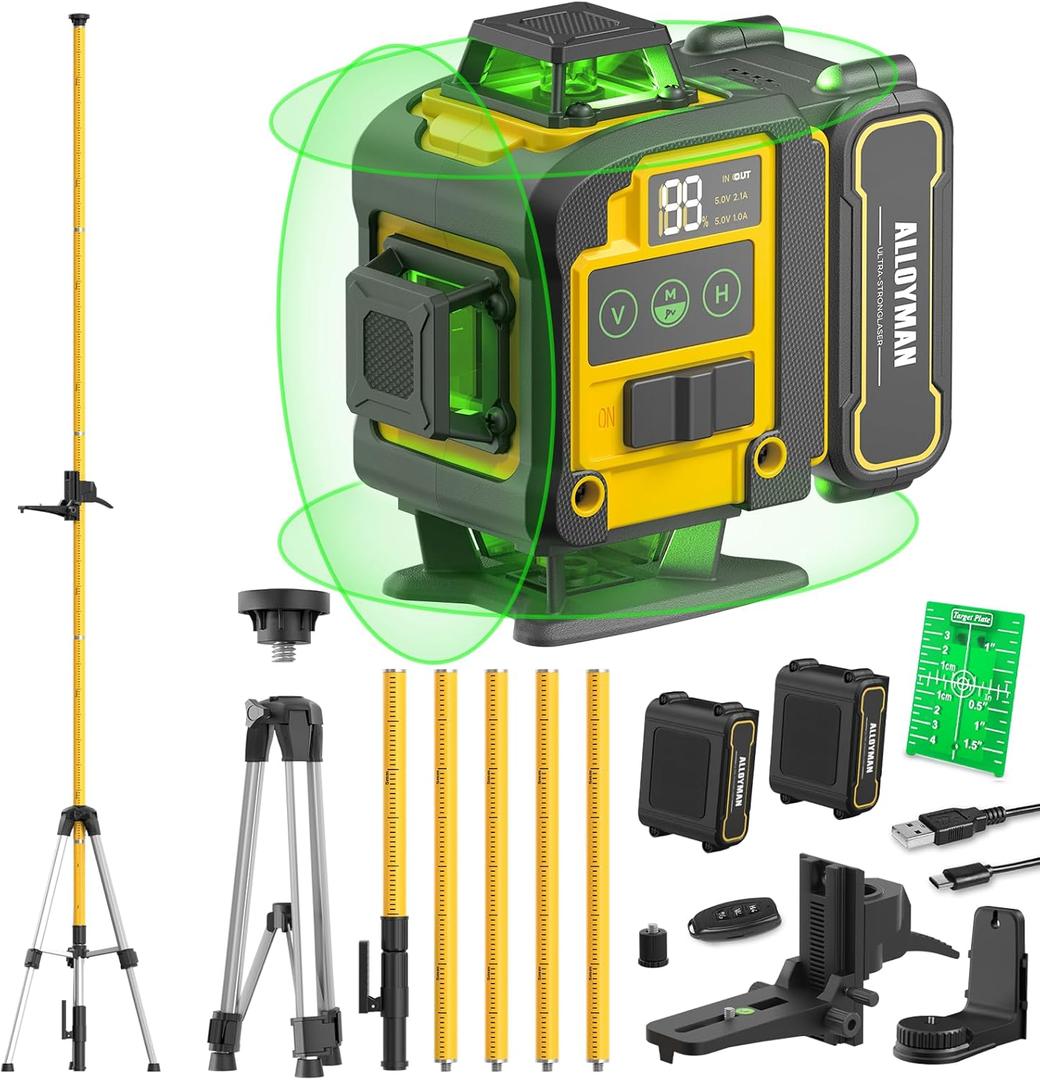 Alloyman 4x360Self Leveling Laser Level, 12 Ft./3.7M Professional Laser Level Pole with Tripod, Green Line Lazer Leveler Tool with 2* Li-ion Batteries for Picture Hanging, Tile, Home Renovation