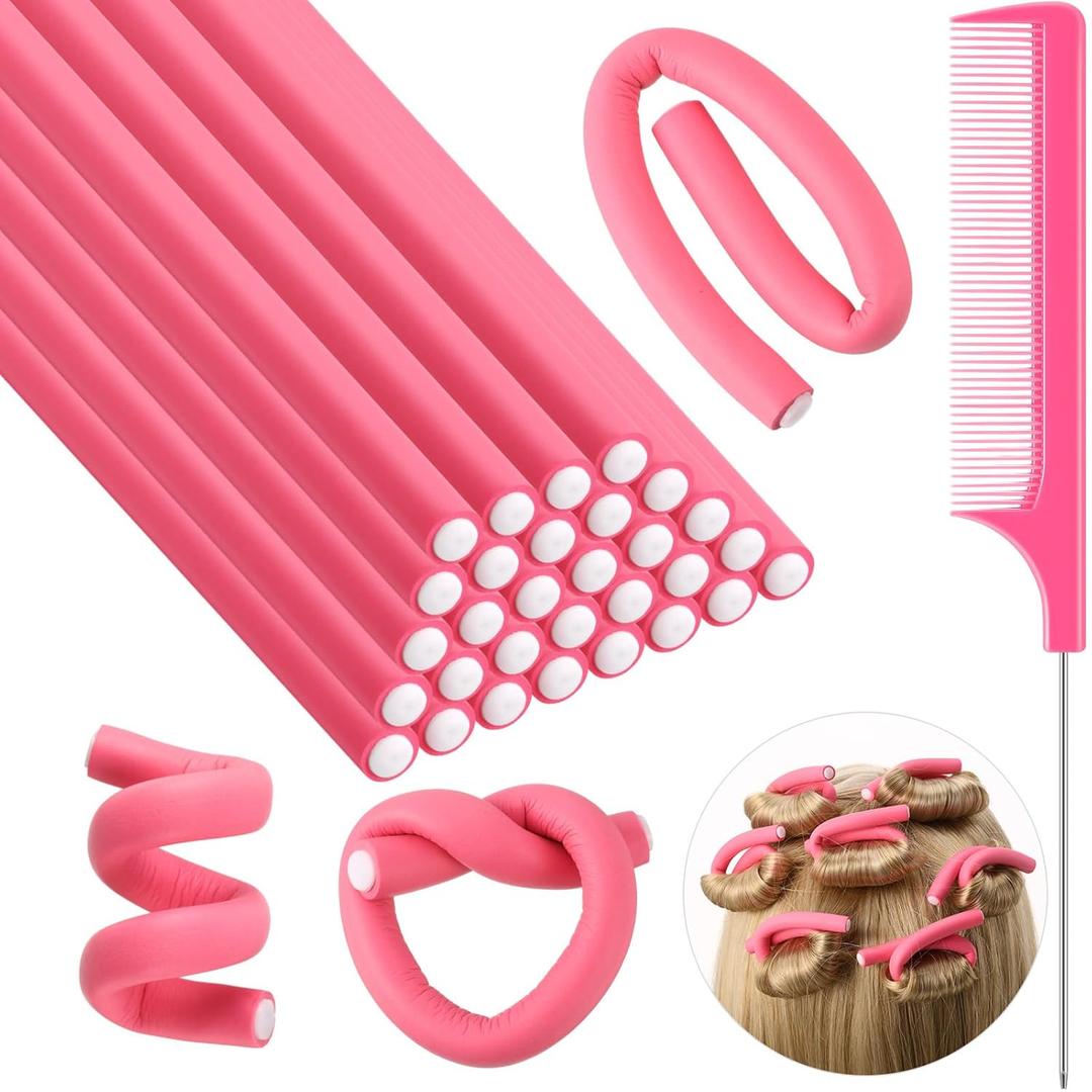 Syhood 30 Pieces Flexible Curling Rods Twist Hair Rollers Soft Foam Rods No Heat and 1 Pcs Steel Rat Tail Comb for Women Long and Short Hair(7 x 0.3 Inch,Pink)