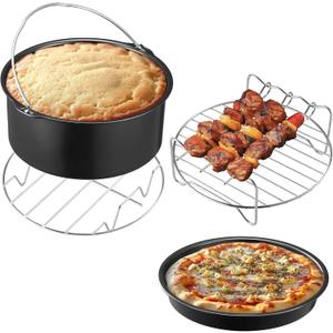 Navaris Air Fryer Accessories Set, 4pcs Nonstick Air Fryer Accessory Kit, Cake Pan, Pizza Pan, Stainless Steel Airy Fryer Rack with 3 Skewers For Ninja, Phillips, Cosori, Oven