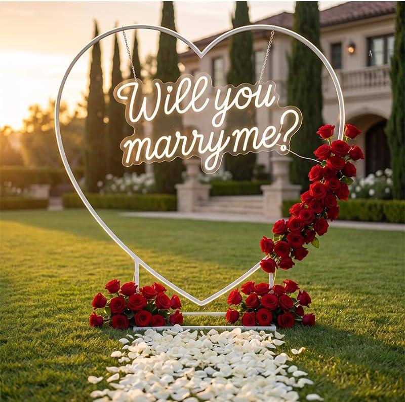6.6ft White Metal Heart Arch Stand with Will You Marry Me LED Neon Sign