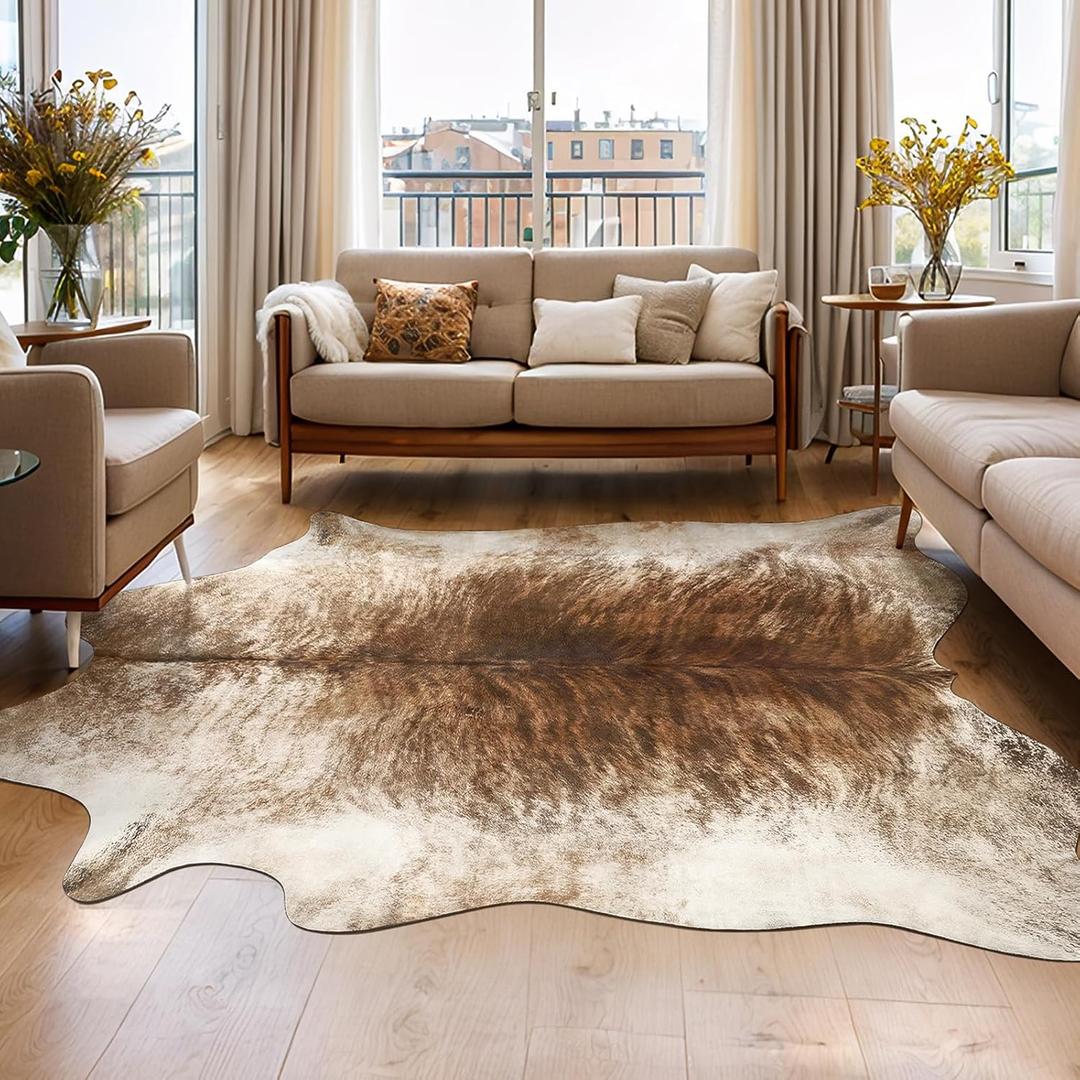 AROGAN Western Decor Faux Fur Cowhide Rug, 4 x 3 Feet Premium Animal Skin Cow Hide Rug, Sturdy Cow Print Rugs for Wall Decor, Western Floor Carpet for Bedroom Living Room, Brownish