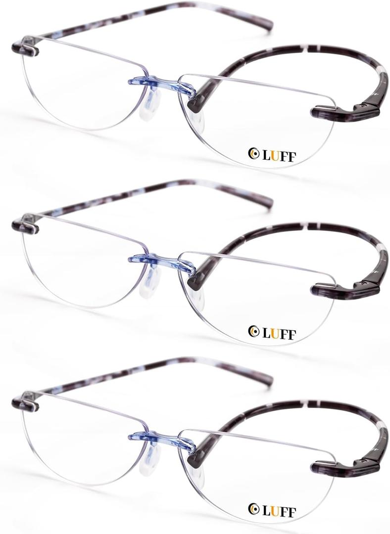 LUFF 3 Pack Rimless Half Moon Reading Glasses TR90 Flexible Lightweight Readers Women Men Blue Light Computer Eyeglasses