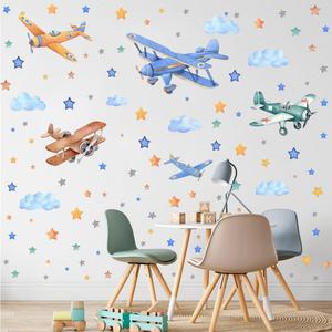 Watercolor Airplane Wall Decals, Classic Aircraft with Stars Clouds Vinyl Wall Stickers,Removable Vintage Airplane Artwork for Kids Boys Bedroom Kindergarten Playroom Decor