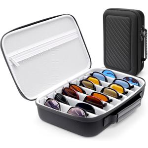 Krypthos Travel Sunglasses Organizer Case, Portable Eyeglasses Storage Box, Adjustable Multi-Compartments & Crushproof Design, Holds Up to 4 Pairs, Eyewear Display Case for Men Women