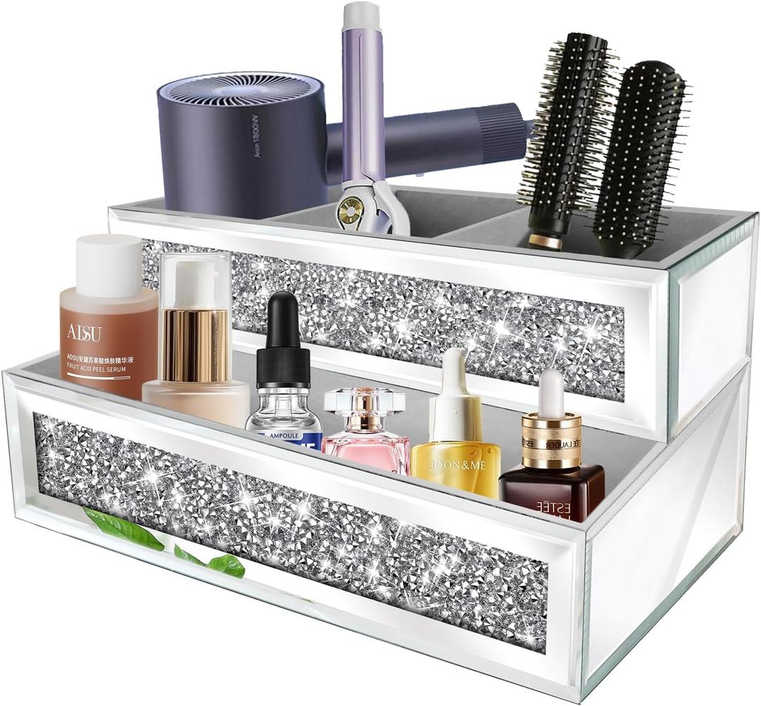 Mirror Hair Dryer Holder Upgrade Crystal Crush Diamond Hair Tool Organizer Wall Mount. Silver Bathroom Cabinet Tray for Blow Dryers, Hairdryer Straightener, Makeup,Brushes .(10.5x7x5)