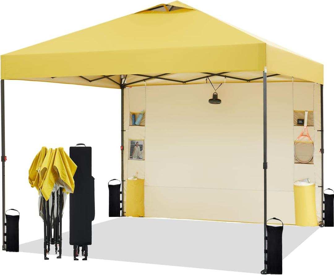 Tunbne 10'x10' Pop Up Canopy Tent with 1 Sidewall and 6 Pockets, One Push Setup, Instant Shade Tent with Vented Roof for Beach Patio Outdoor, Case, 8 Stakes, 4 Ropes, 4 Sandbags (Yellow, 10x10)