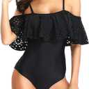 Tempt Me Women One Piece Off Shoulder Lace Swimsuits Ruffle Flounce Hollow Bathing Suits (X-Small, Black)