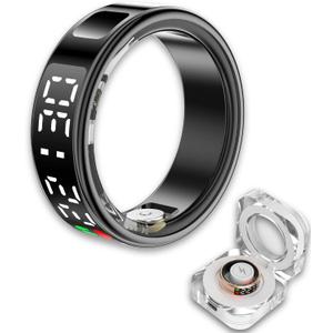 Smart Ring Health Tracker, Wearable Sleep Heart Rate Step Blood Oxygen Tracker, IP68 Waterproof Smart Ring with LED Screen to Track All Your Important Health Indicators (9, Black)