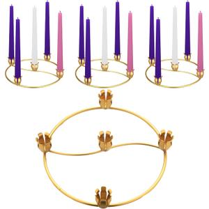 Sliner 4 Pcs Christmas Flower Advent Wreath Ring 5 Candle Holder Taper Gold Advent Ring Metal Candle Holder Table Decoration for Xmas Festival Home Centerpiece Decor