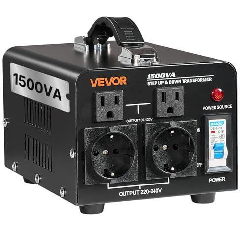 VEVOR Voltage Converter Transformer, 1500VA, Heavy Duty Step Up/ Down Power Transformer, Convert from 110V to 220V and 220V to 110V, with EU Outlets, US Outlets, Power Cord, Circuit Breaker Protection