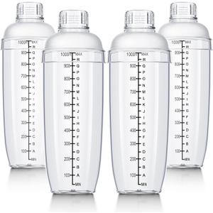 Lallisa 4 Pcs Plastic Cocktail Shaker Hand Drink Mixer Bubble Tea Shaker with Scales and Strainer Top Clear Cup with Measurements Mixing Tool for Tea Coffee Milk(1000 Cc/ 34 oz)
