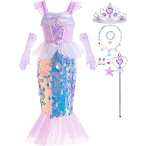 Little Girls Mermaid Princess Costume Sequins Party Dress for Toddler Kids Baby Halloween Dress Up with Accessories (5-6 Years, Purple)