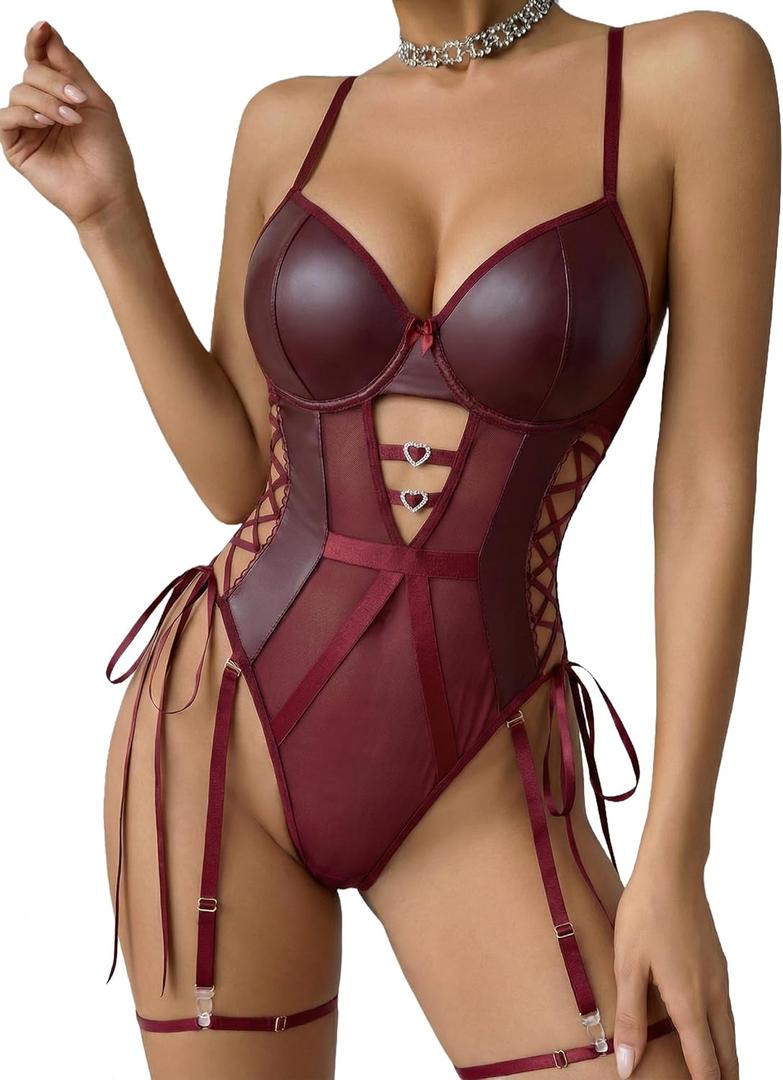 Avidlove Sexy Lingerie for Women Leather Teddy Lingerie Mesh Bodysuit Garter Belt Set S-XXL(No leg ring) (Medium, Dark Red)