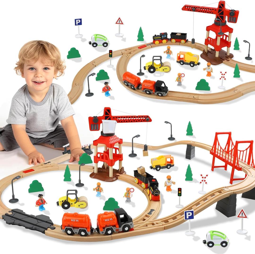 TOY Life Train Set 81pcs with Crane & Locomotive Train Toy, Wooden Train Tracks Toys for Toddlers Boys Girls 3 4 5, Wood Toys Gift Toddler Train for Kids 4-8 - Fits Thomas Brio Chuggington