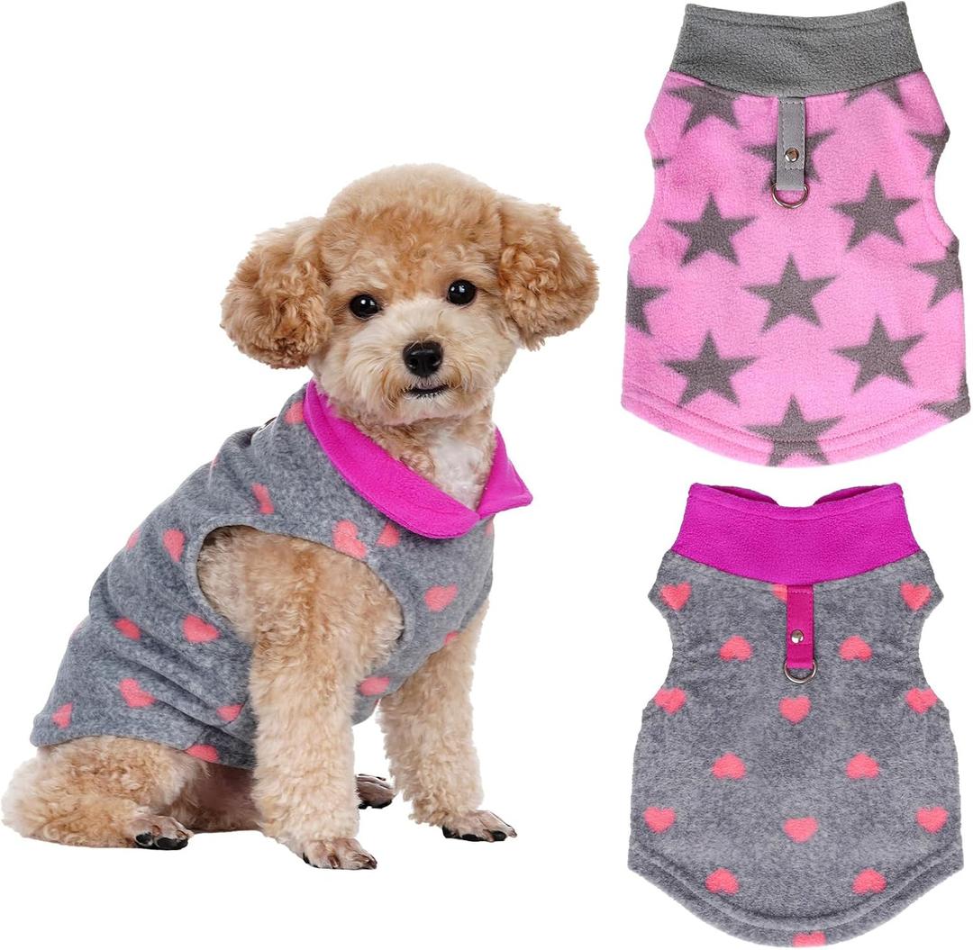 Rbenxia 2 Piece Grey and Pink Dog Heart Sweater with Leash Ring Soft Fleece Vest Dogs Pullover Warm Jacket Pet Dogs Clothes Winter Dog Outfits for Small Puppy Cat Pets (Small, Stars+Heart)