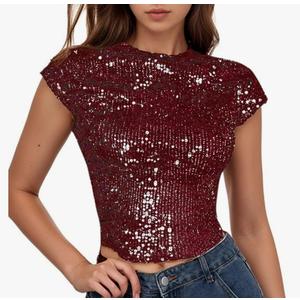 WDIRARA Women's Sequin Boat Neck Shirts Sparkle Glitter Backless Tee Cap Sleeve Crop Tops S