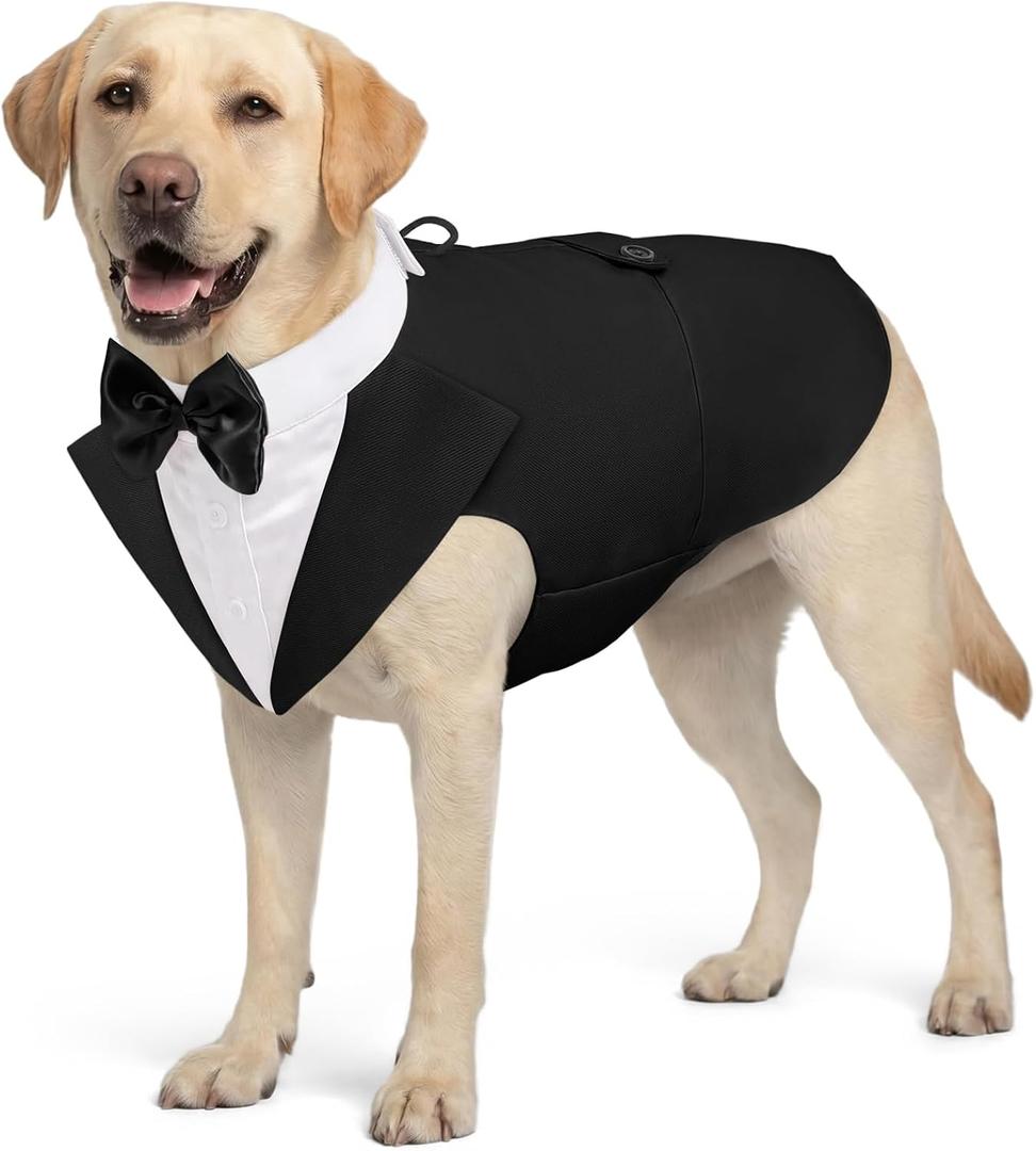 AOFITEE Dog Tuxedo Formal Dog Suit and Bandana Set, Gentle Dogs Wedding Party Suit Bow Tie Shirt, Tuxedo for Medium Dogs Costume Outfit with Detachable Bowtie Collar for Christmas Halloween Dress Up, Size L