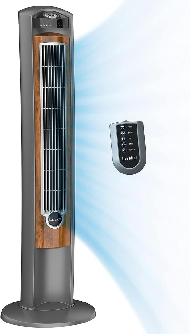 Lasko Wind Curve Oscillating Tower Fan, Fresh Air Ionizer, Timer, Remote Control, Portable Electric Fan for Indoor, Bedroom and Home Office Use, 42", Silverwood 2554