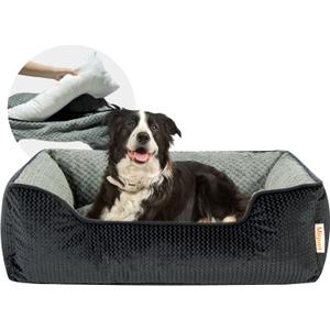 Miguel Removable Washable Dog Bed for Medium Dog - Rectangle Pet Bed for Large Cats with Zipper Cover Bolster Cuddle Puppy Bed with Supportive Side Wall Slip-Resistant Bottom, Dark Gray 35 Inch