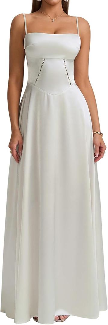 KUTUMAI Satin Maxi Dress Spaghetti Strap Lace Up Long Formal Dresses for Women Wedding Guest Cocktail Evening Prom (Medium, Ivory)
