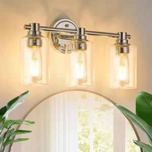 Bathroom Light Fixtures Wall Sconce Light with Clear Glass Chrome 3 Lights Bathroom Lighting Over Mirror Vanity Lights for Living Room,Bedroom,Restroom,Hallway E26 Base