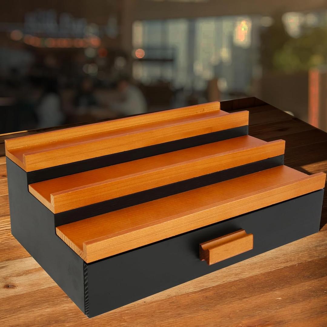 Cologne Organizer for Men, 3 Tier Wood Perfume Organizer for Dresser, Cologne Stand Display Shelf with Drawer and Hidden Compartment for Watch Jewelry, Perfume Display Risers Holder, A Gift for Men (B)