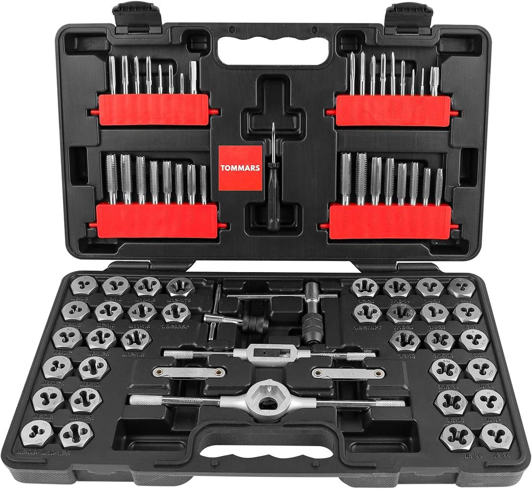 TOMMARS 75-Pc Tap and Die Set, SAE & Metric Hex Thread Taps Dies Wrench Metric Sizes M3 to M12 & Standard Sizes #4 to 1/2" Type NC NF NPT