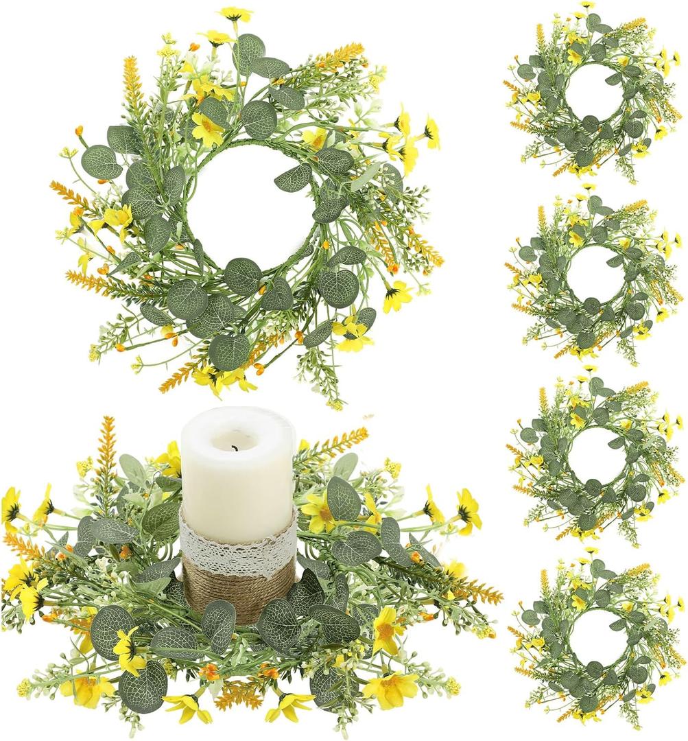 Suncalla 6 Pcs Spring Daisy Candle Rings Wreaths for Kitchen Cabinet Artificial Yellow Flower Mini Wreath Pillar Candle Holder for Easter Wedding Party Tabletop Centerpiece Decor