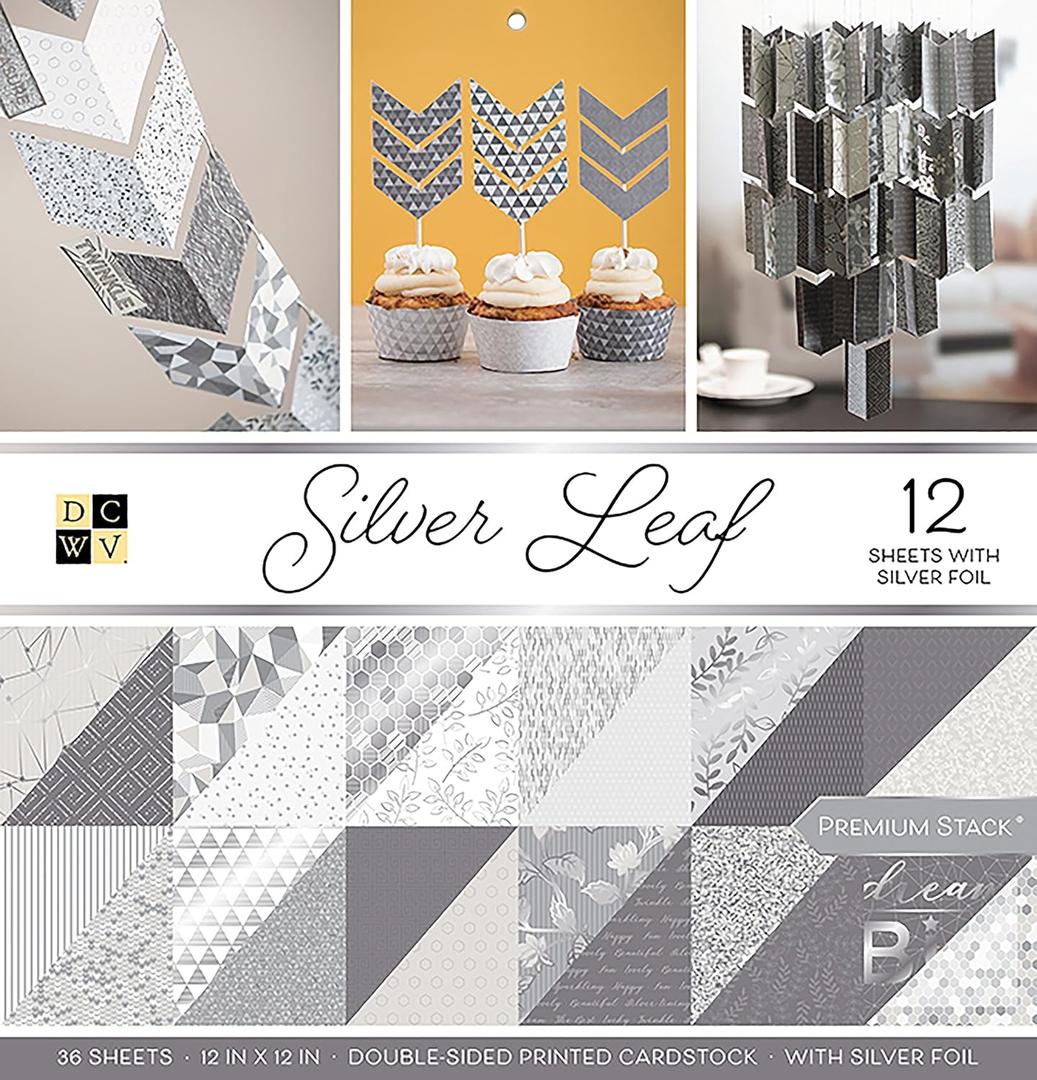 DCWV Printed Cardstock Paper 12x12, 36 Sheets of Scrapbook Paper for Crafts and Card Making, Double Sided Heavy Duty Cardstock with Foil Accents - Silver Leaf