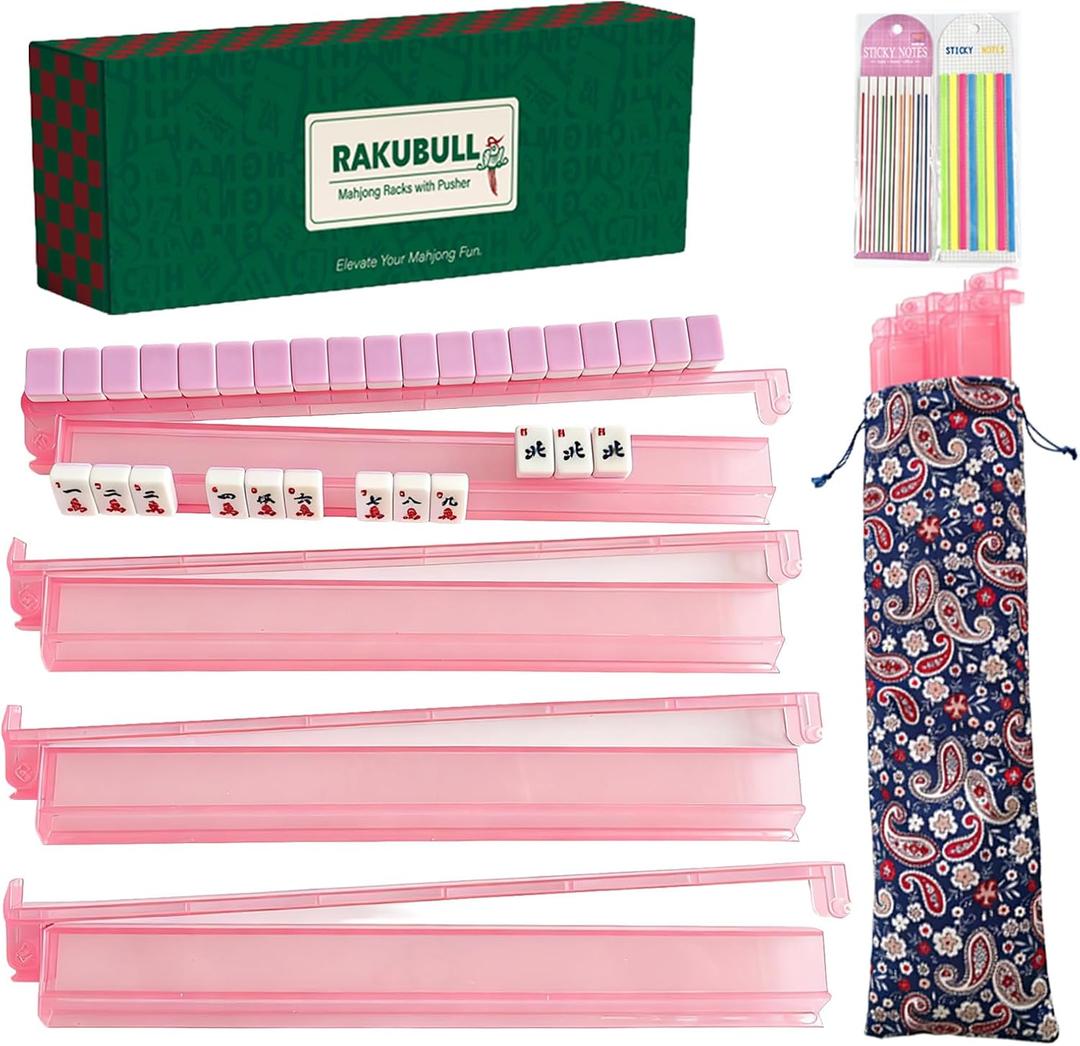 18.7inch Mahjong Racks with Pushers and Bag Set of 4 All-in-One Tile Rack | Clear Acrylic Mahjong Tile Holder for American Mahjongg Accessories and Mahjong Night Gifts,Gift-Ready Packaging,Pink, Standard