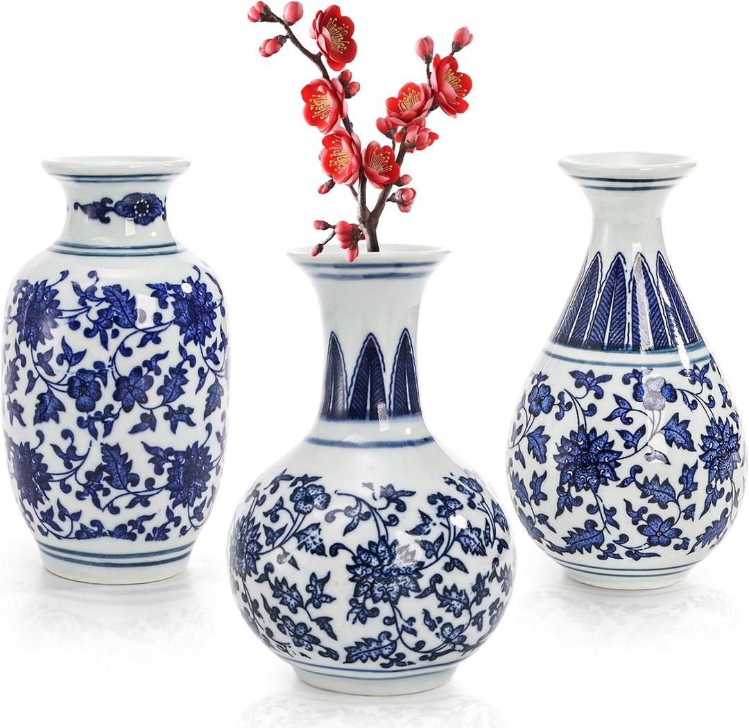 Yesland Small Blue and White Porcelain Vases Set of 3, 5 Inch Tall Mini Vintage Vase Chinoiserie Vases, Classic Decorative Bud Vases for Farmhouse Table Centerpiece, Flower Decor