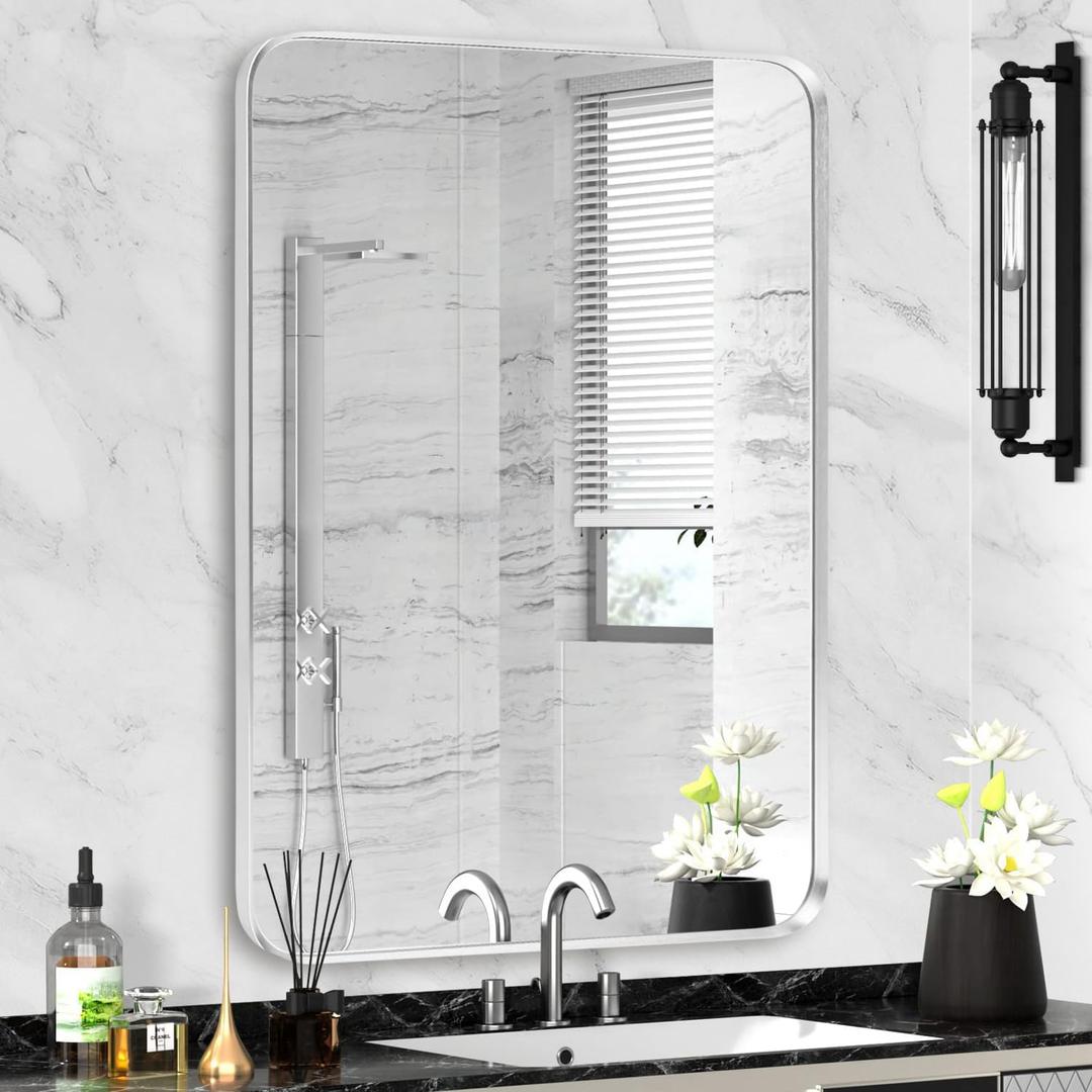 Silver Framed Bathroom Mirror, Brushed Nickel Rounded Corner Rectangle Wall Mirror, Tempered Glass, Shatter Proof, Anti-Rust, Hangs Horizontally or Vertically (24" x 32", Silver)  