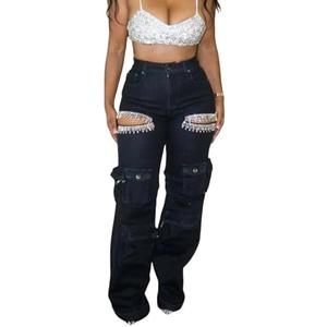 Unybwonn Women Rhinestone Cargo Jeans High Waisted Baggy Sexy Sparkly Cut Out Ripped Distressed Stretchy Denim Pants2XL