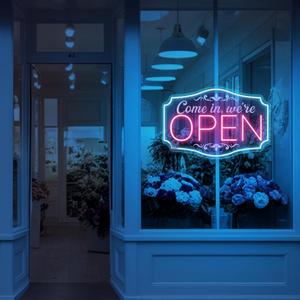 LED Neon Open Sign for Business, Adjustable Brightness Neon Lights for Party Bar Salon Stores Hotel Wall Decor Come in we're Open (Pink and Ice Blue, 16.5x11'')