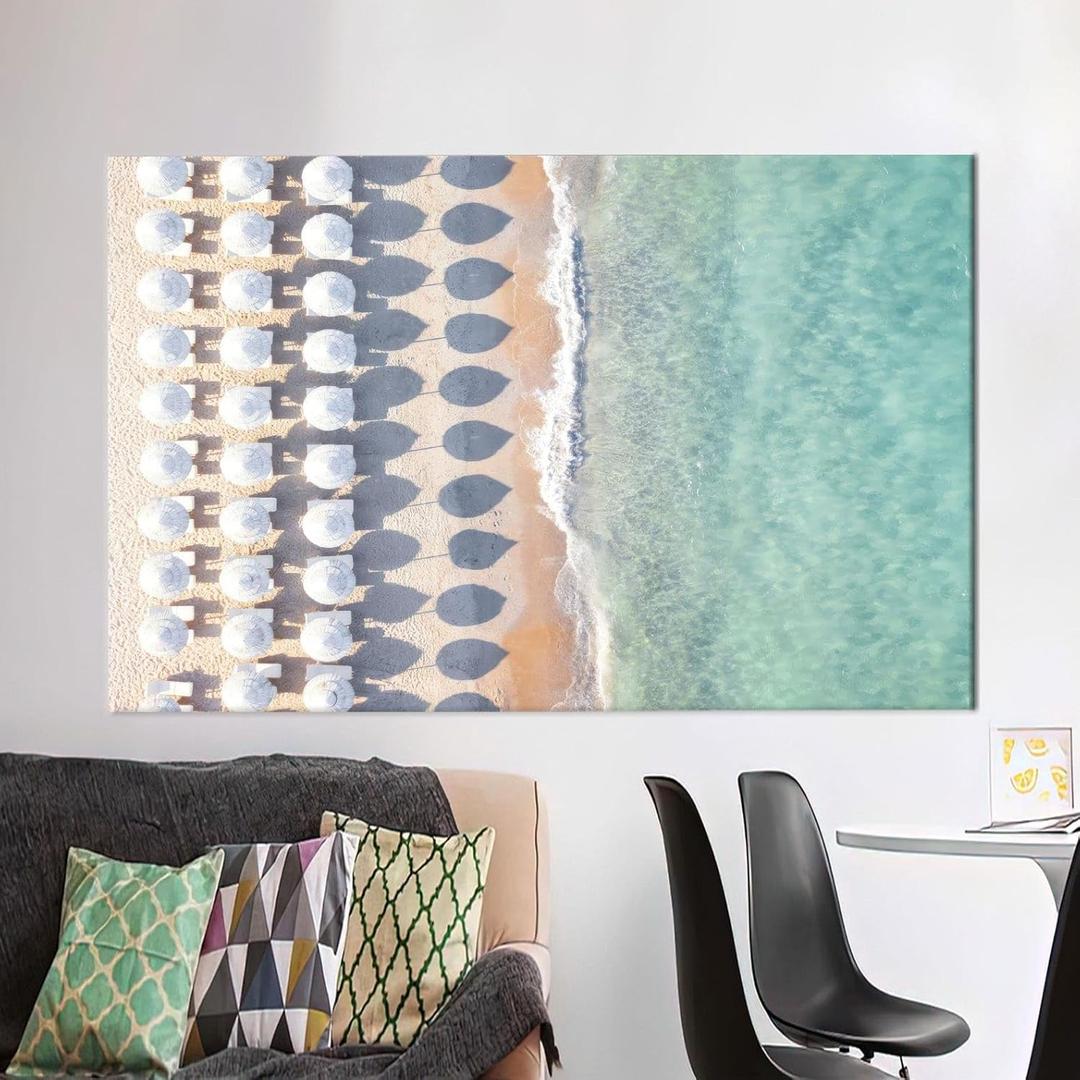 qanesec Beach With Umbrellas Canvas Wall Art Coastal Seascape Landscape Decor for Home or Office, Sea View Artwork, Gift Box Personalization Option