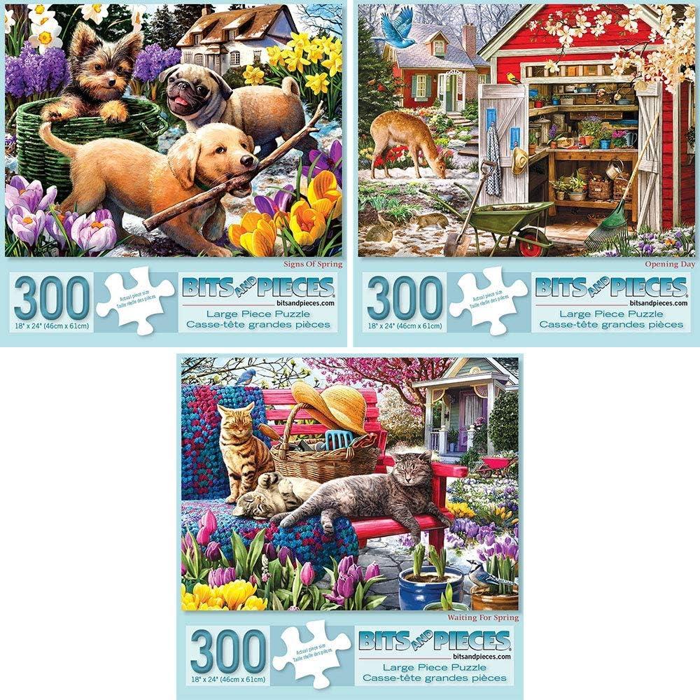 Bits and Pieces - Value Set of Three (3) - 300 Piece Jigsaw Puzzles for Adults - Spring Collection Large Piece Jigsaws by Artist Larry Jones - 18 x 24