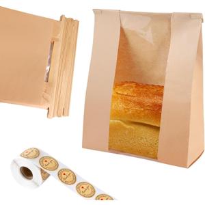 Dualshine 100 Pcs Kraft Paper Bread Bags with Window - 14" x 8.3" x 3.5" with Tin Strip and 500 Pcs Seal Stickers for Bakery, Bread, Cookies (Brown)
