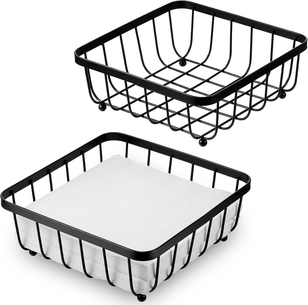 2 Pieces Napkin Holder for Table, Modern Flat Metal Paper Napkin Holder for Kitchen or Dining Room, Square Metal Lattice Basket, Restaurant Towel Dispenser (Black)