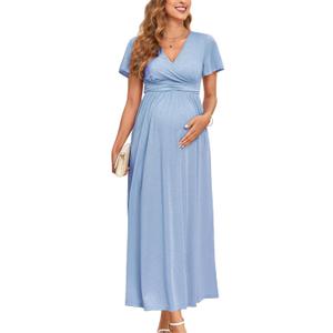 2025 Women's Sparkly Maternity Maxi Dress Ruffle Sleeve Wrap V Neck Pregnancy Dresses with Pockets Baby Shower (Small)