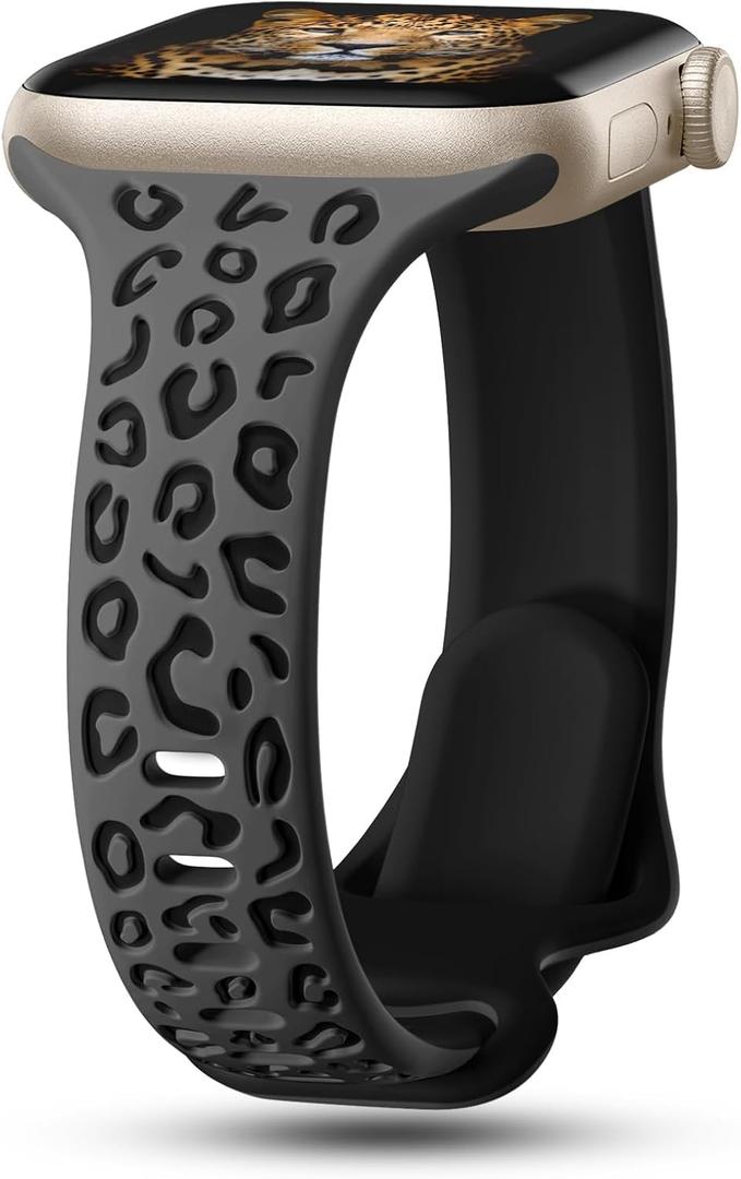 CreateGreat Slim Leopard Engraved Bands Compatible with Apple Watch Band 41mm 40mm 38mm 49mm 46mm 45mm 44mm 42mm Women, Cheetah Silicone Strap for iWatch Series 10 9 8 7 6 5 4 3 2 1,Ultra,SE (Athlete Grey & Black)